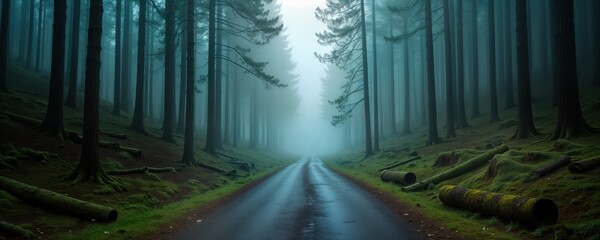 Misty foggy morning in dense pine forest. Road winds through tall trees. Green moss covers forest floor. Mystical atmosphere. Nature scene. Peaceful landscape. Rainy morning. Forest path leads into