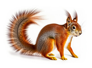 Obraz premium Eurasian red squirrel isolated on transparent background cutout. Cute squirrel of the species Sciurus vulgaris on an isolated background. Design element.