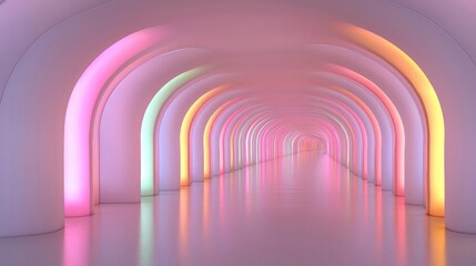 Colorful arched hallway, glowing lights, reflective floor, modern architecture, interior design