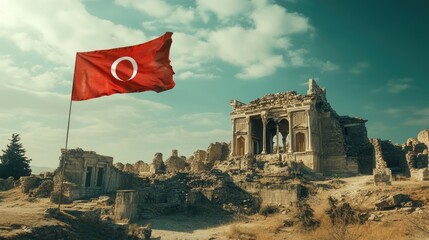 The Turkish flag flying high at a historical monument, with intricate architectural details in the background,