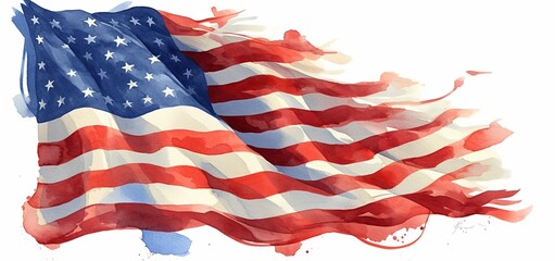 Obraz premium Watercolor American Flag on White Background with Dark Red Font, Patriotic Themes and National Pride.