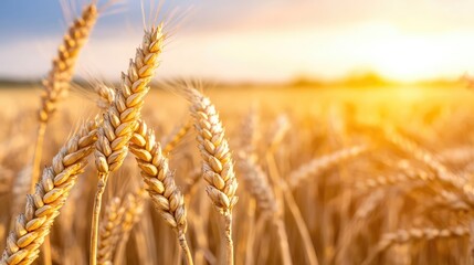 Fototapeta premium Golden wheat field at sunset; agricultural landscape