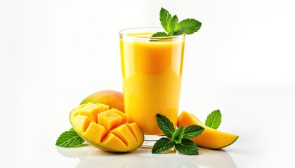 Fototapeta premium Fresh mango lassi in glass with mango cubes, mint leaves on white background. Healthy fruit beverage perfect for summer. Tropical flavor. Refreshing, delicious. Smoothie drink looks fresh, delicious.