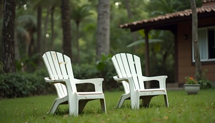 Dos sillas de pl&aacute;stico blancas en patio de casa