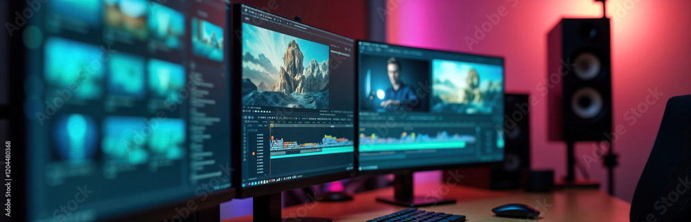 Fototapete dual monitor setup in video editing studio. person works on video editing software. close-up of edit