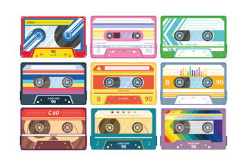 Vintage tape cassette. Retro mixtape, 1980s pop songs tapes and stereo music cassettes. 90s hifi disco dance audiocassette, analogue player record cassette. Isolated symbols vector set