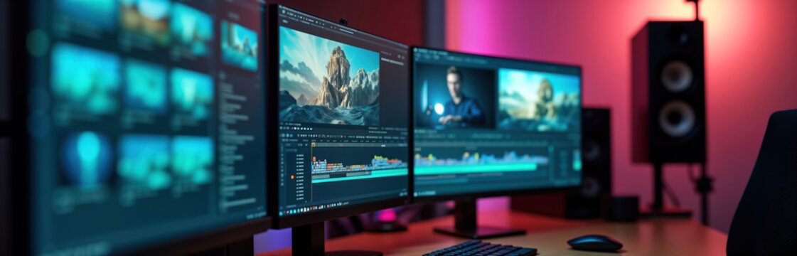 Dual monitor setup in video editing studio. Person works on video editing software. Close-up of editing process on two large screens. Multimedia production workstation. Creative video content