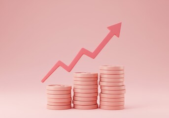 A 3D illustration of three stacks of pale pink coins with a zigzagging upward pink arrow above them