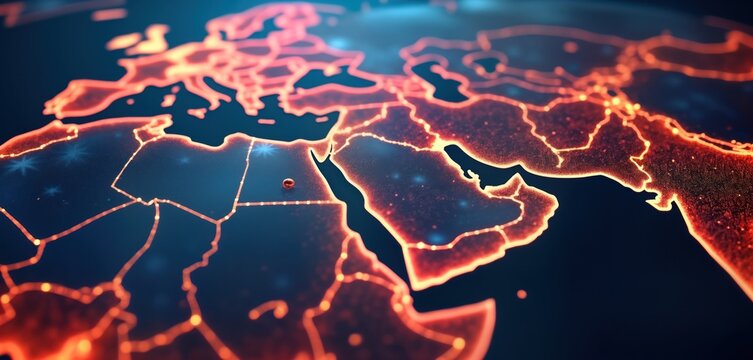 Hyper realistic digital map global network connectivity in Saudi Arabia, MENA region. Detailed representation of data transfer, communication pathways. Modern tech, global business concepts.