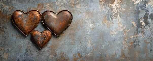 Assorted rusty and patina metal hearts arranged on a distressed blue textured background. A unique blend of romance and industrial style, perfect for edgy love themes or creative design.