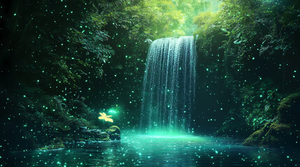 A magical forest glowing with bioluminescent plants and creatures, with a serene waterfall cascading into a shimmering pool surrounded by mystical energy. Shimmering Waterfall. Illustration