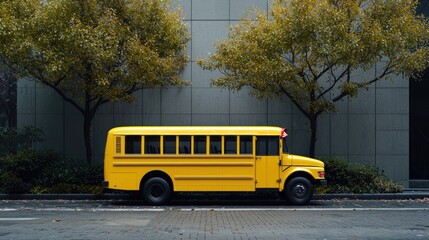 Obraz premium Yellow school bus parked on city street beside trees.