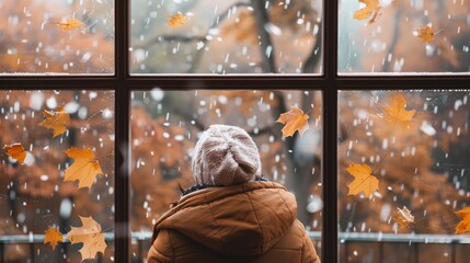 A depressed woman meditates in front of an autumn window