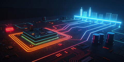 Fototapeta premium Futuristic neon circuit board with glowing connections