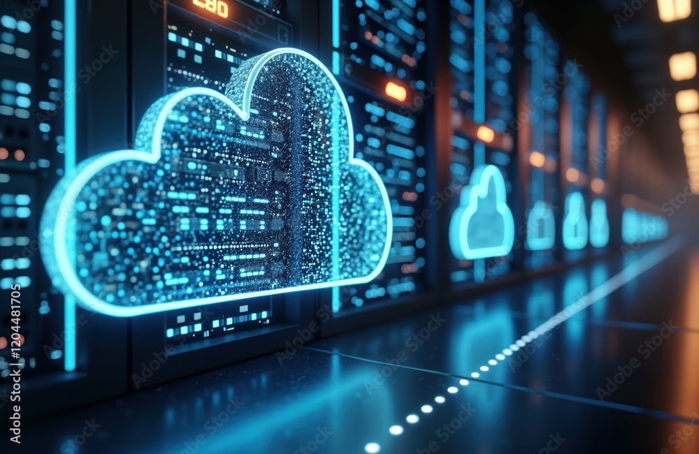 Poster Futuristic tech scene shows cloud computing. Big data transfer on internet. Digital network connection. Modern server room. Data storage system. Innovative tech. Cybersecurity. Global connection.
