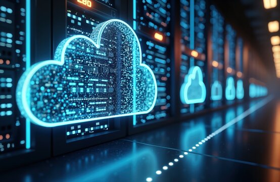 Futuristic tech scene shows cloud computing. Big data transfer on internet. Digital network connection. Modern server room. Data storage system. Innovative tech. Cybersecurity. Global connection. - Powered by Adobe