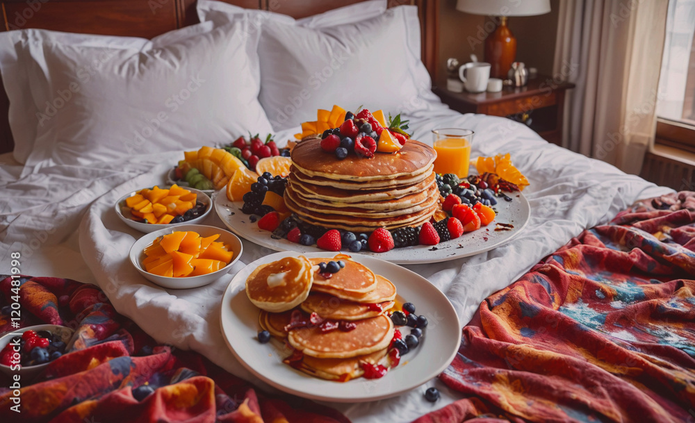 Poster Bed with a stack of pancakes and fruit on a table. Scene is relaxed and inviting