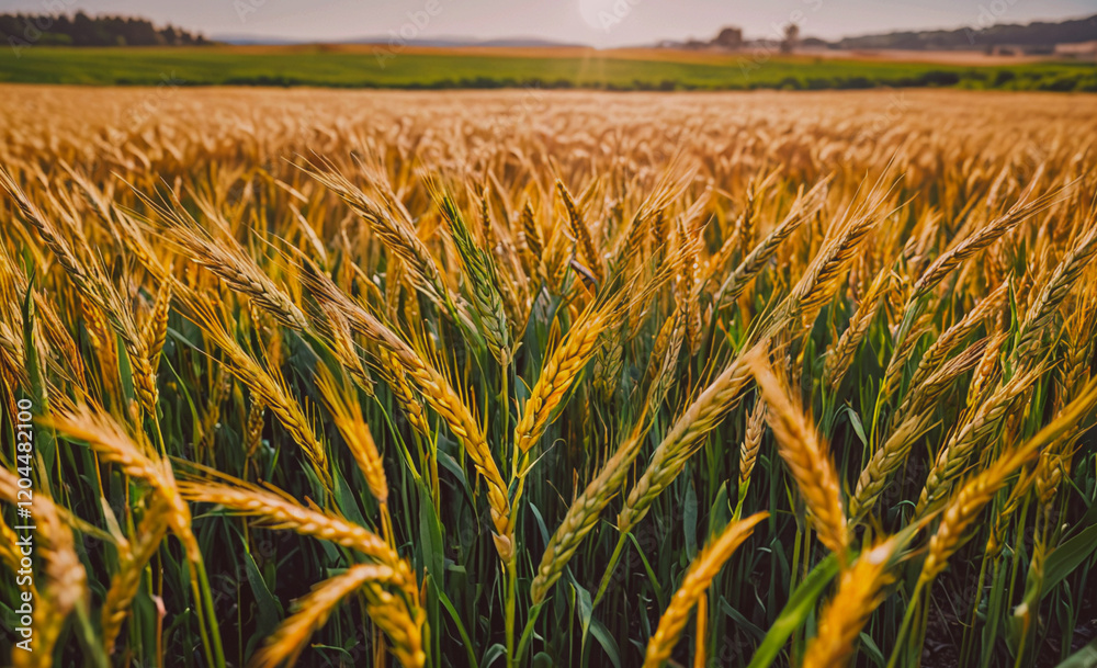 Poster field of golden wheat with the sun shining on it. the sun is in the background and the field is very