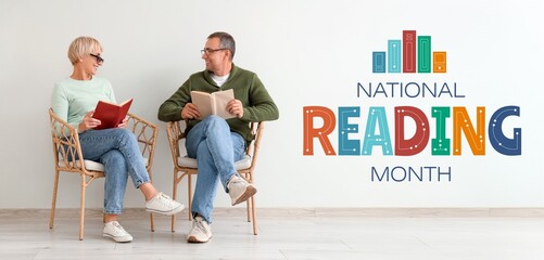 Banner for National Reading Month with mature couple reading books at home