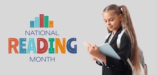 Banner for National Reading Month with little schoolgirl reading book