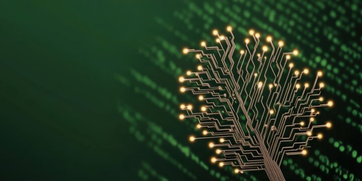 A glowing digital tree with circuit-like branches on a green background