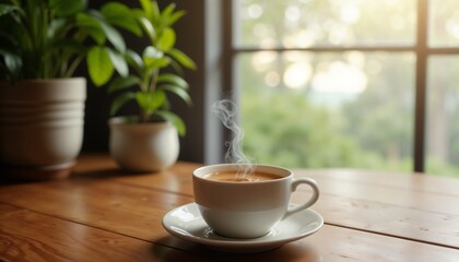 A single steaming cup of coffee on a wooden table, surrounded by minimal natural elements like a small plant, soft morning light streaming in from the side, evoking a calm and reflective moment