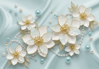 A 3D illustration of delicate white flowers with lace-like textures and golden centers
