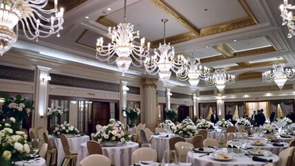 Create footage of an elegant banquet hall with beautiful floral arrangements and chandeliers, set for a special event, highlighting the luxurious atmosphere.