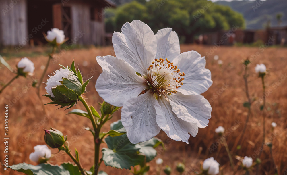 Poster white flower in a field with a brown background. the flower is the main focus of the image