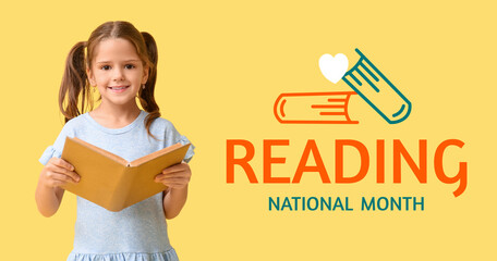 Portrait of happy little girl with book on yellow background