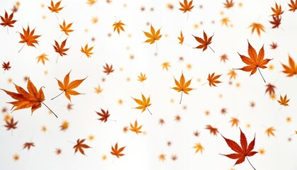 Autumn leaves fly in air. Colorful maple leaves fall. Season of change. Bright fall colors. Falling leaves. Beautiful natural background. Design element for seasonal themes. Copy space for text.