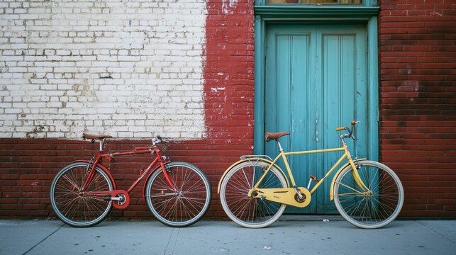 Two bicycles rest against a colorful brick wall, one red and one yellow, embodying city life charm with simplicity and nostalgia in their relaxed stance.