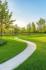 Obraz premium Empty Urban summer park near residential area neighborhood. Grass lawn, trees and walking or biking path