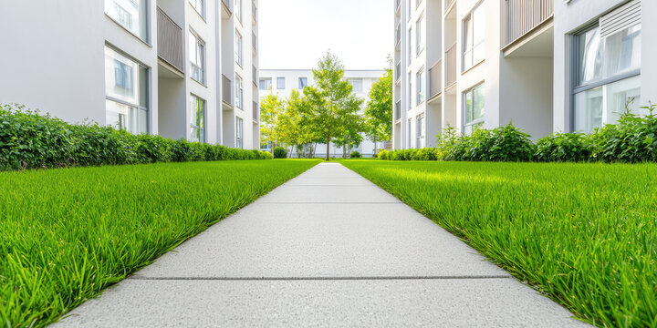 Empty Urban summer park near residential area neighborhood. Grass lawn, trees and walking or biking path