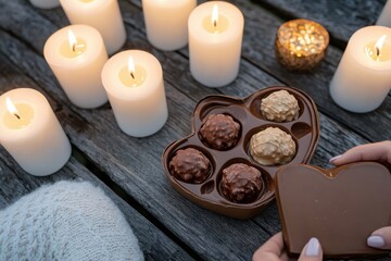 Fototapeta premium A heart-shaped chocolate box opened to reveal delightful chocolates, surrounded by glowing candles that enhance a romantic and intimate atmosphere.
