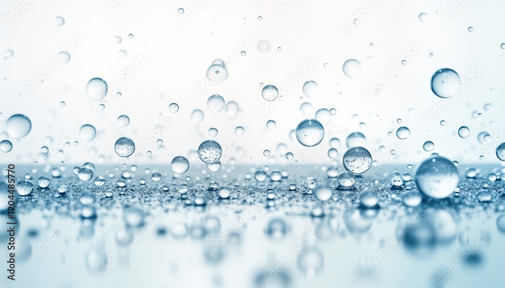 Poster closeup view of water bubbles floating, falling. clear water droplets create beautiful pattern on li