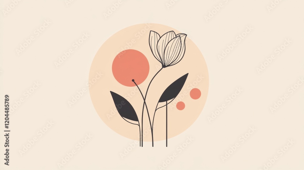 Poster Floral design featuring minimalist lines and shapes with soft colors creating a serene atmosphere. Generative AI