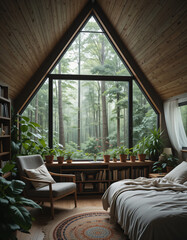Cozy Modern Living Space with Triangular Window and Forest View