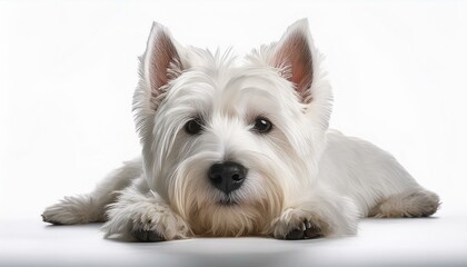 adorable west highland white terrier resting on a white background