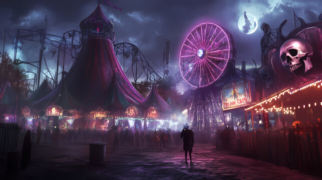 A spooky carnival event with eerie skull decorations and dark, gothic elements, creating a horror-filled scene. Dark Carnival. Illustration