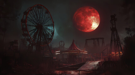 An abandoned carnival at night exhibits eerie, dark shadows illuminated by a blood-red moon, creating a haunting atmosphere with classic rides and overgrown surroundings. Dark Carnival. Illustration
