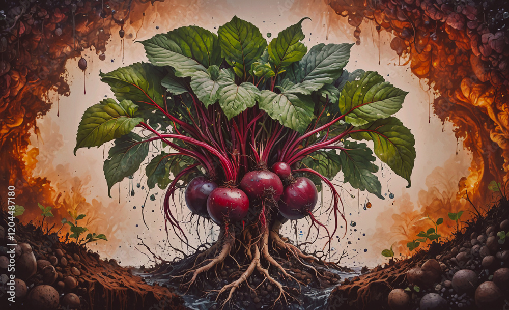 Poster painting of a tree with red beets growing out of it. the painting has a surreal and dreamlike qualit