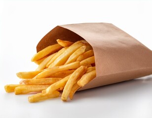french fries spilling out of brown paper bag on white background