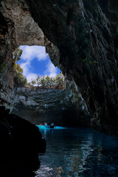 View of Melissani Cave located on the island of Kefalonia in Greece.