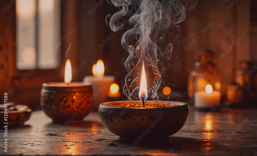 Poster table with three candles, one of which is lit. the other two candles are unlit. the lit candle is su