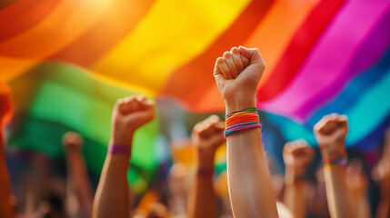 Unified Celebration of Pride: Group with Fists Raised High, Rainbow Wristbands, and a Vibrant Pride Flag Symbolizing Equality, Love, and Solidarity