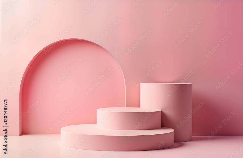 Leinwandbilder Empty pink podiums with circle on pink wall. Modern geometric presentation space. Minimalist display for products showcase. Pastel color scheme. Soft light creating shadows. Three-dimensional scene.