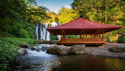 serene outdoor spa retreat with traditional wooden structure and red roof nestled amidst lush greenery by cascading waterfall and tranquil river under soft sunlight