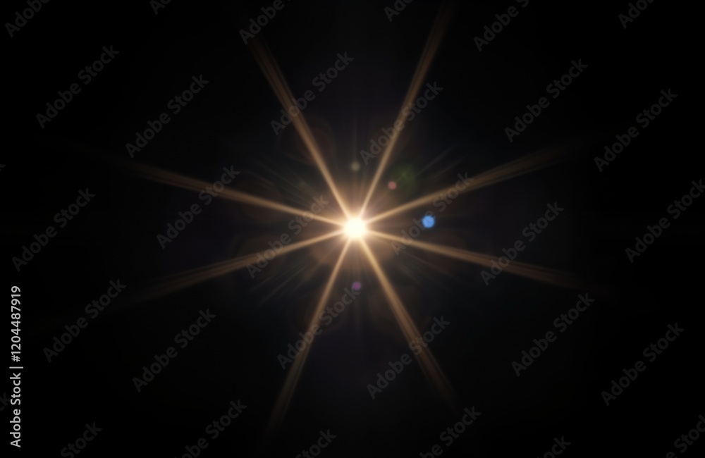 Aufkleber Abstract optical lens flare effect on black background. Bright light rays radiate outwards creating starburst. Beautiful design element for digital art projects as background. Suitable for various