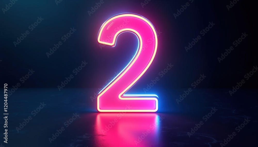 Poster vibrant pink, blue neon number two glows on dark background. 3d rendering shows glossy finish, futur